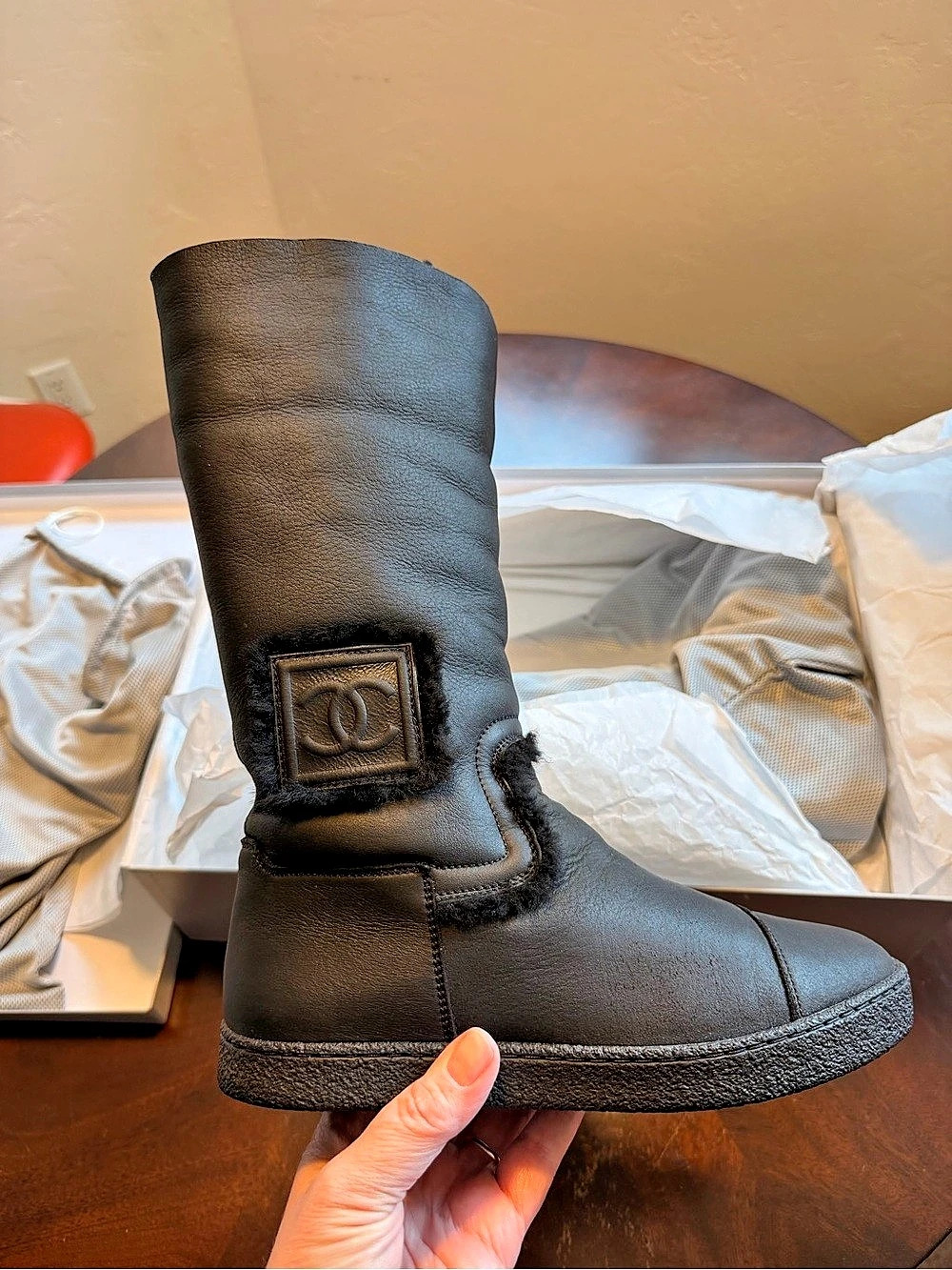 Vintage Chanel 09A Black Leather Shearling CC Logo Tall Winter Boots 37.5